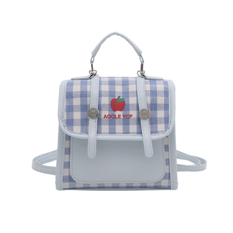 Cute Checkered Backpack with Apple Logo for Students and Daily Use, Fashionable Crossbody Bag with Lightweight Design