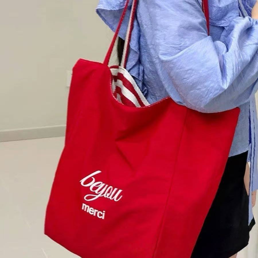 2026 Trendy Striped Canvas Tote Bag for Women, Large Capacity Casual Shoulder Bag with Street Style Design