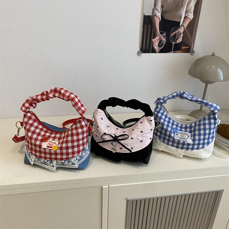 Korean Style Checkerboard Crossbody Bag 2025 Summer New Fashion Casual Simple Shoulder Bag with Lace Trim and Cherry Patch