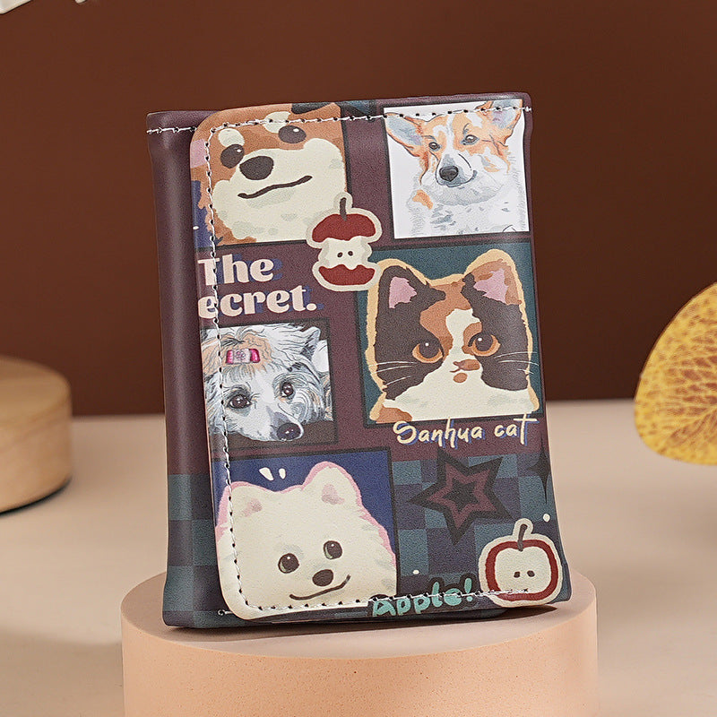 Cute Cartoon Print Trifold Wallet with Card Holder and Coin Pocket, Waterproof PU Material for Daily Use