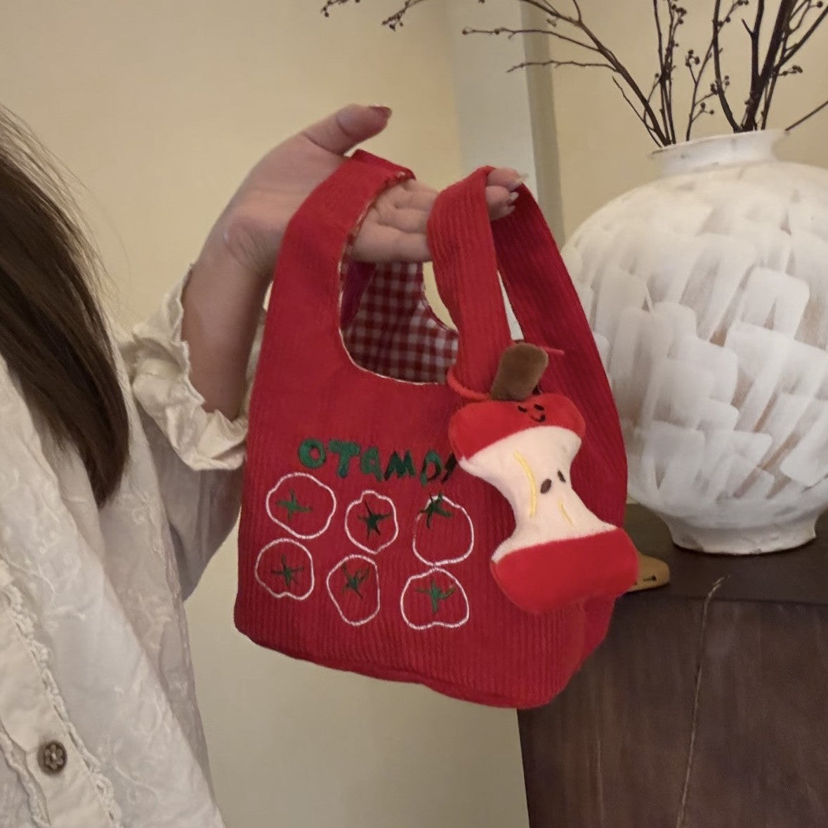 Cute Apple Pattern Corduroy Handbag with Embroidery Design, Perfect for Daily Use and Stylish Outfits