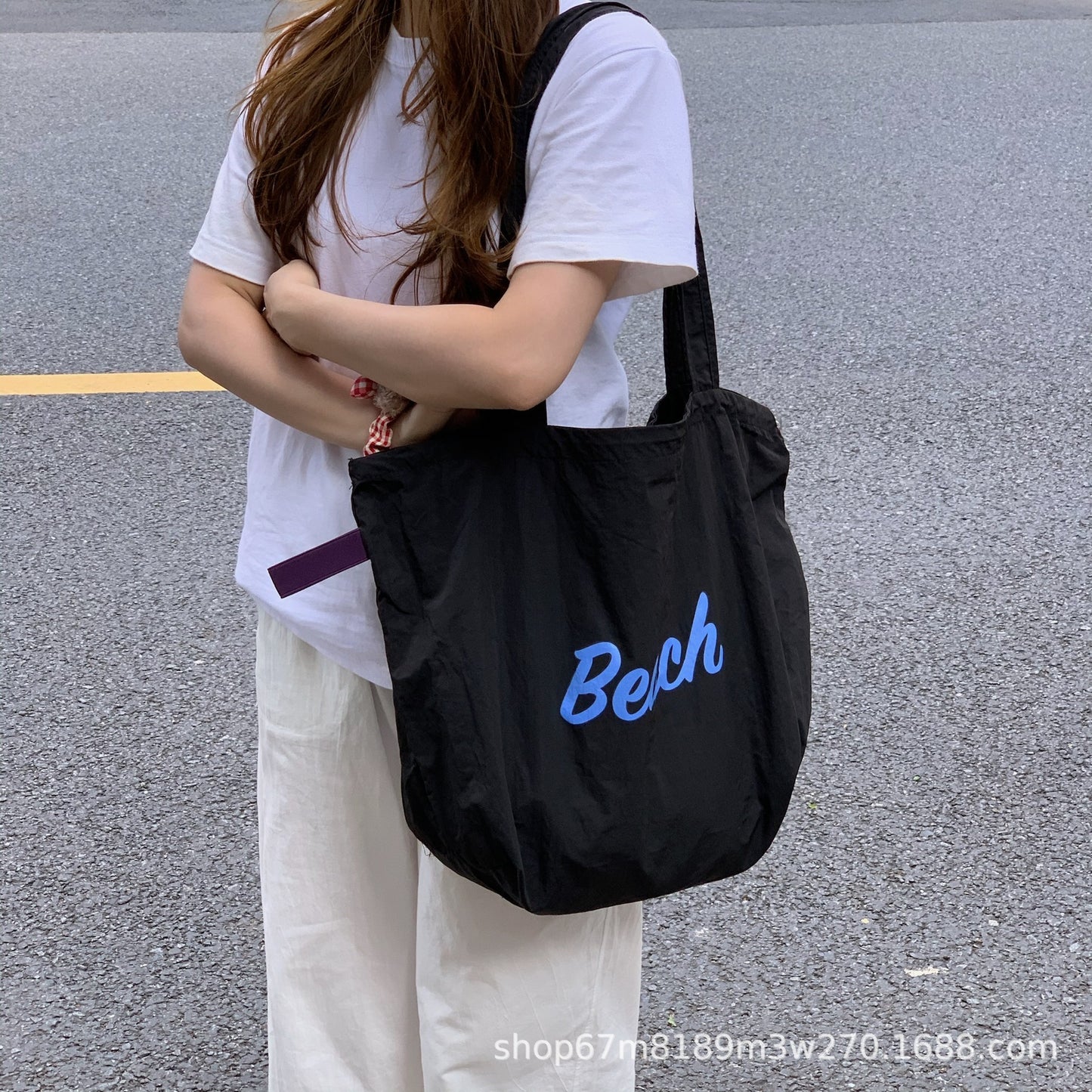 2025 Spring New Fashion Large Capacity Shoulder Tote Bag for Women, Simple Commute Student Style with Beach Print and Drawstring Design
