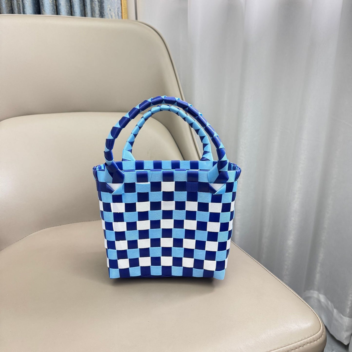 Handwoven Checkerboard Tote Bag for Women, Fashionable Beach & Daily Use, Soft PVC Material with Open Top and Inner Pockets