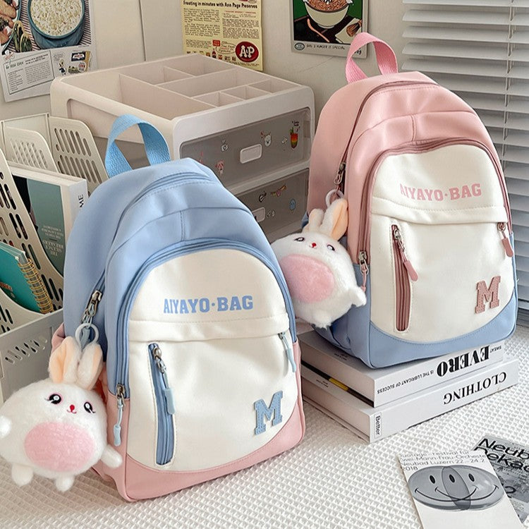 Cute Kids Backpack with Plush Rabbit Charm for School Travel and Spring Outings - Waterproof Oxford Fabric Design