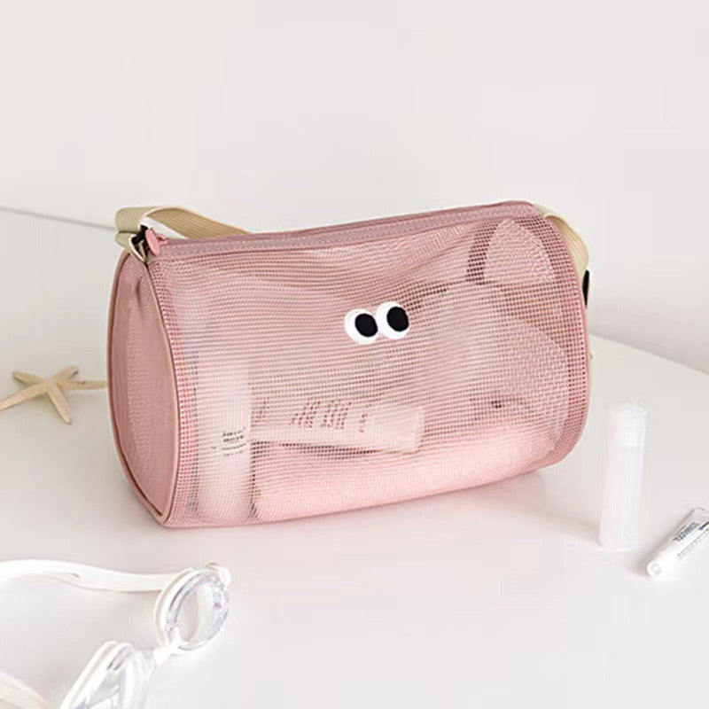 Cylinder Mesh Cosmetic Bag Travel Crossbody Beach Swimming Bag Hollow Toiletries Storage Bag Sundries Organizing Bag