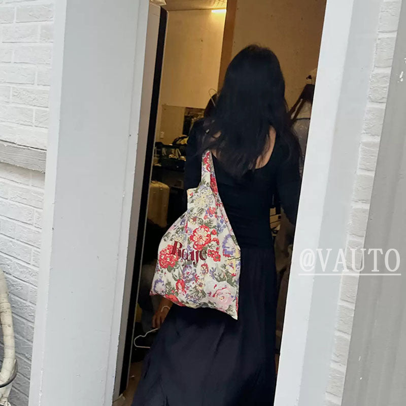 Floral Print Soft Tote Bag with Letter Design, Stylish Shoulder Handbag for Daily Use