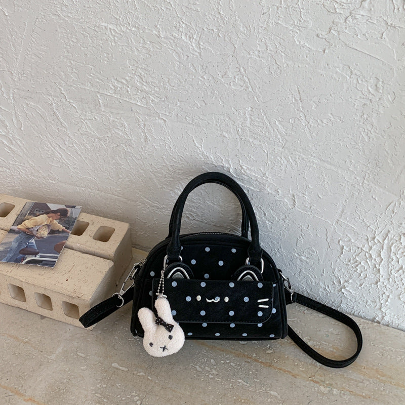 Cute Polka Dot Boston Bag with Embroidered Ears and Charm Pendant, Fashionable Crossbody Handbag for Women