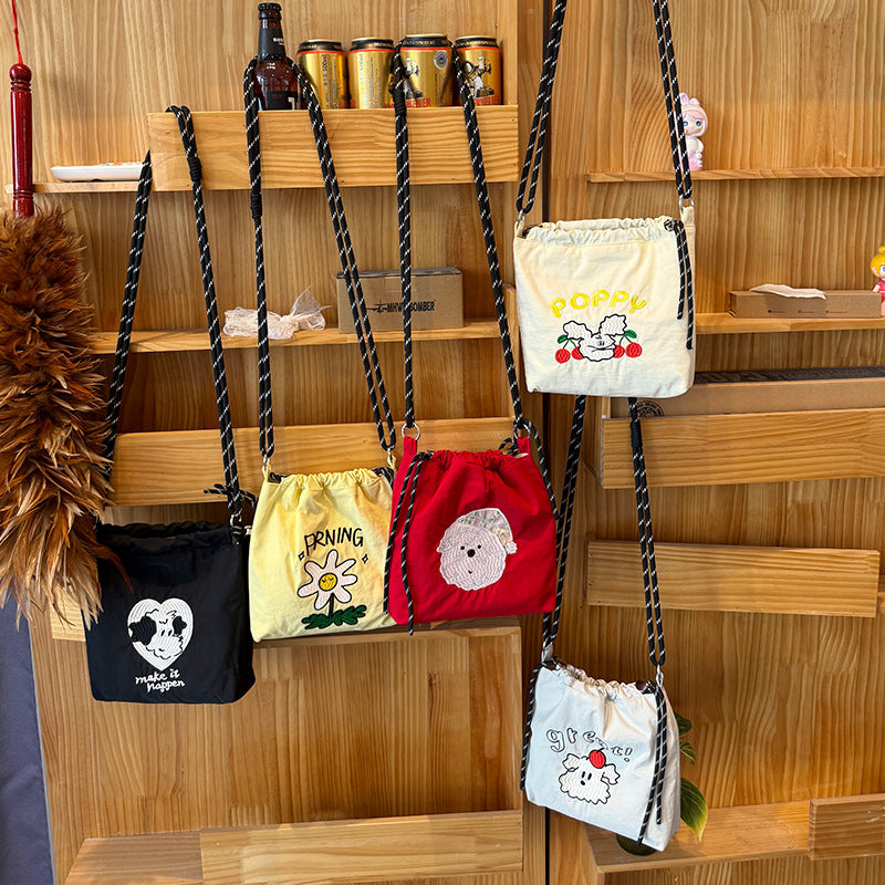 Cute Embroidered Drawstring Bag with Adorable Dog Design, Fashionable Nylon Crossbody Bag for Daily Use