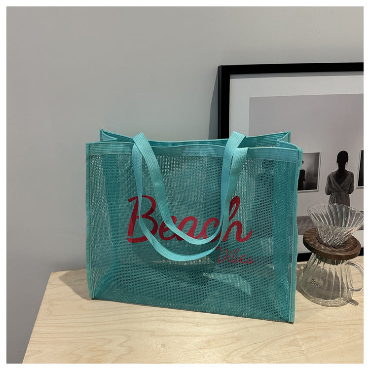 Stylish Mesh Tote Bag with Lettering Design for Beach, Gym, and Daily Use - Large Capacity and Ventilated