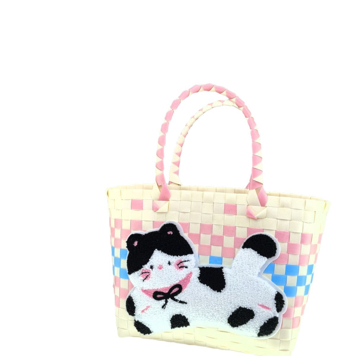 Spring Outing Picnic Bag Portable Plastic Woven Bag Large Capacity Woven Bag Cute Pink Fresh Color Matching Plaid