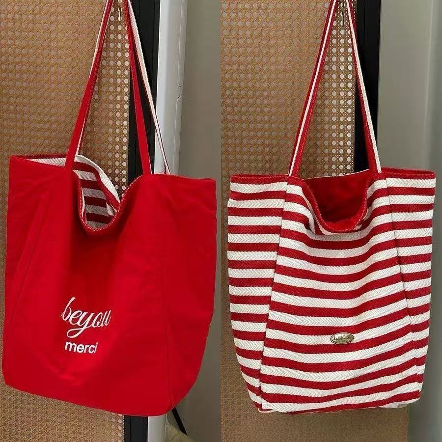 2026 Trendy Striped Canvas Tote Bag for Women, Large Capacity Casual Shoulder Bag with Street Style Design