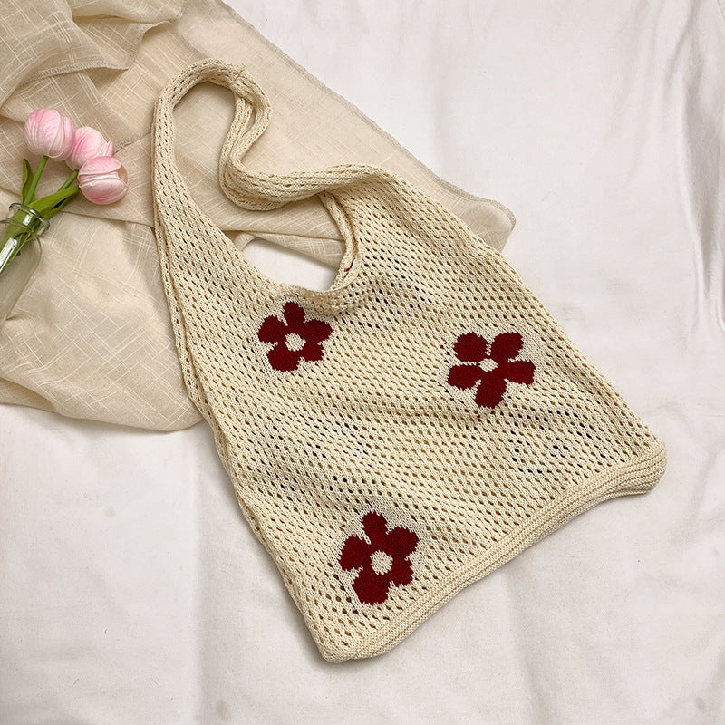 One Shoulder Bag Women's Japanese and Korean Retro Cotton Braided Knitted Handbag Flower Beach Vacation