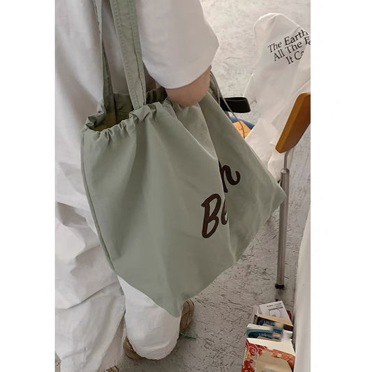 Casual Nylon Tote Bag with Beach Letter Print, Drawstring Closure, Large Capacity for Daily Use