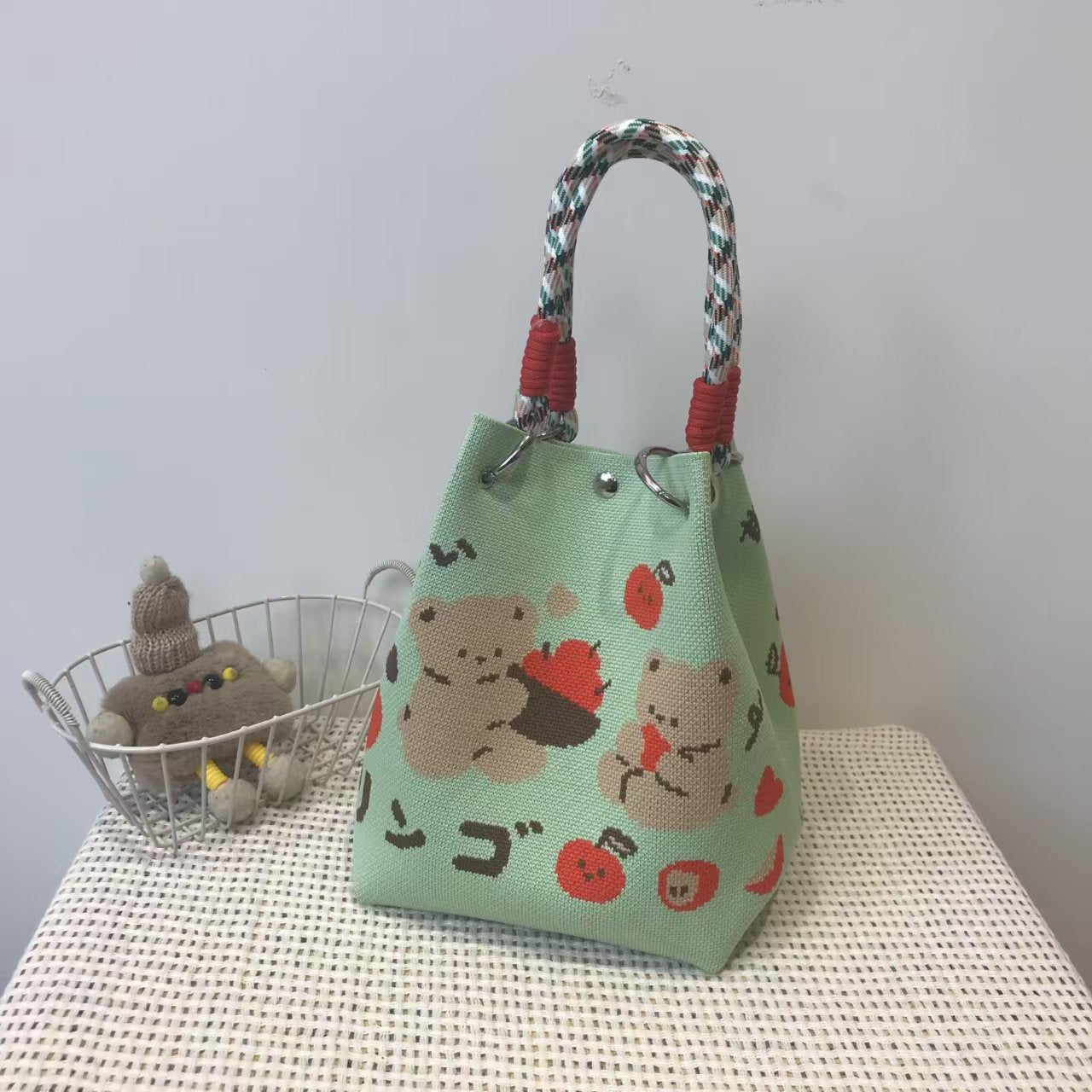 Black and White Rhombus Knitted Tote Bag Women's Casual Versatile Large Capacity Messenger Bag Handbag