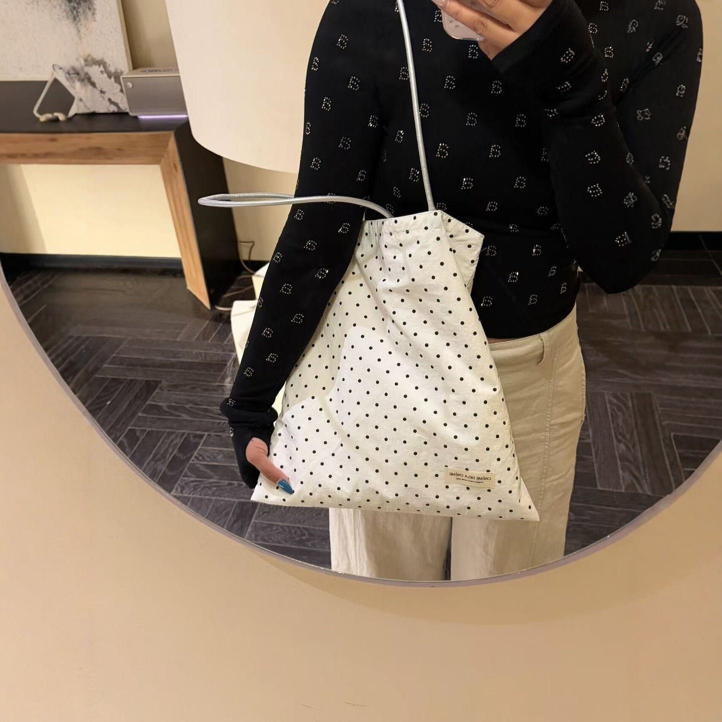 Polka Dot Canvas Tote Bag for Women, Large Capacity Casual Shoulder Bag with Minimalist Design, Perfect for Daily Commute and Shopping