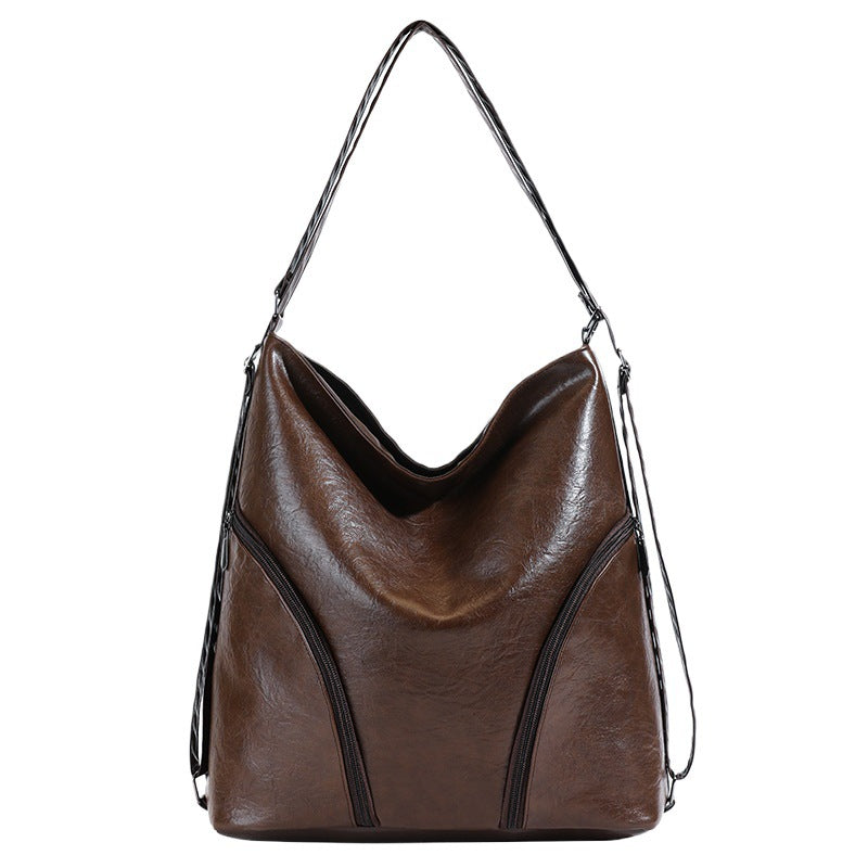 Vintage Fashion Large Capacity Soft PU Shoulder Bag with Zipper Closure and Stylish Stitching Details