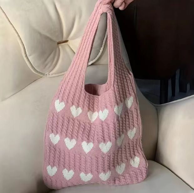 Women's Shoulder Bag Love Pattern Knitted Tote Bag Soft Handmade Shoulder Bag Daily Matching Fashion Tote Bag