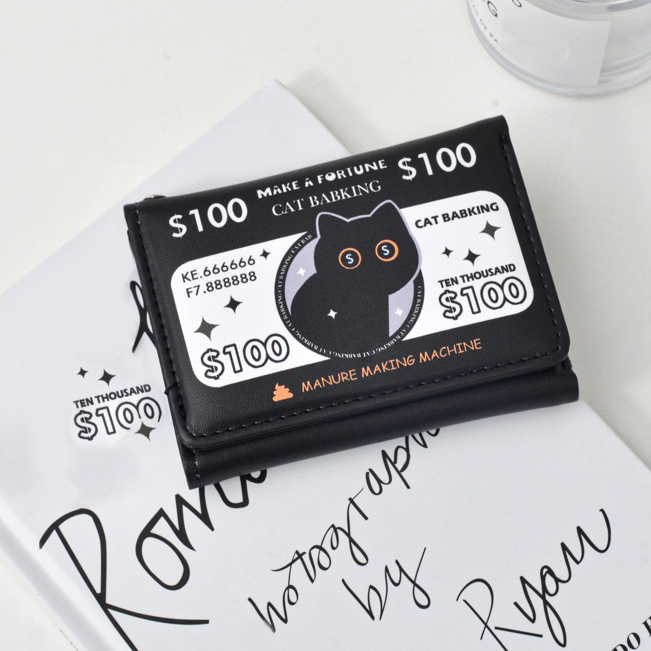 Cute Cartoon Foldable Wallet with Black Cat Detective Design, Multi-Card Slots and Chain Pendant for Women and Students
