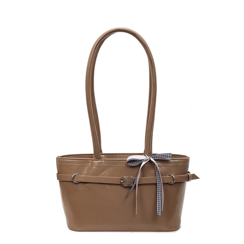 2025 Autumn New Korean Style Elegant Tote Bag with Checkered Bow, Simple Casual Shoulder Bag for Daily Commute