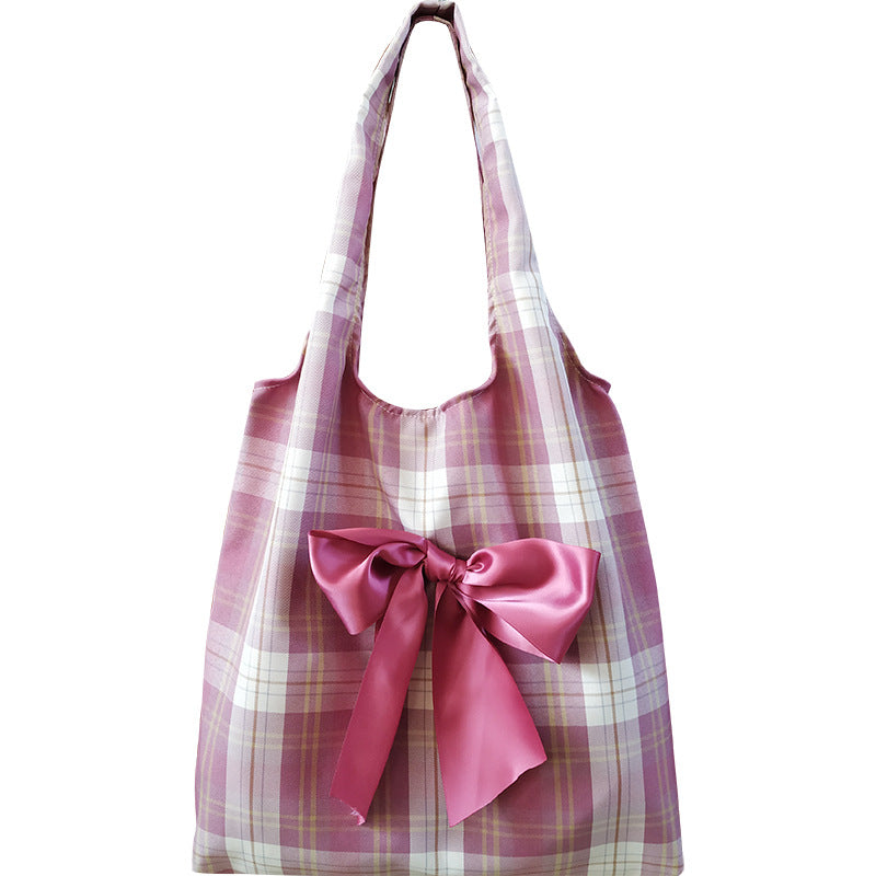 Cute Plaid Tote Bag with Satin Bow for Women, Large Capacity Shoulder Bag, Fresh and Sweet Style