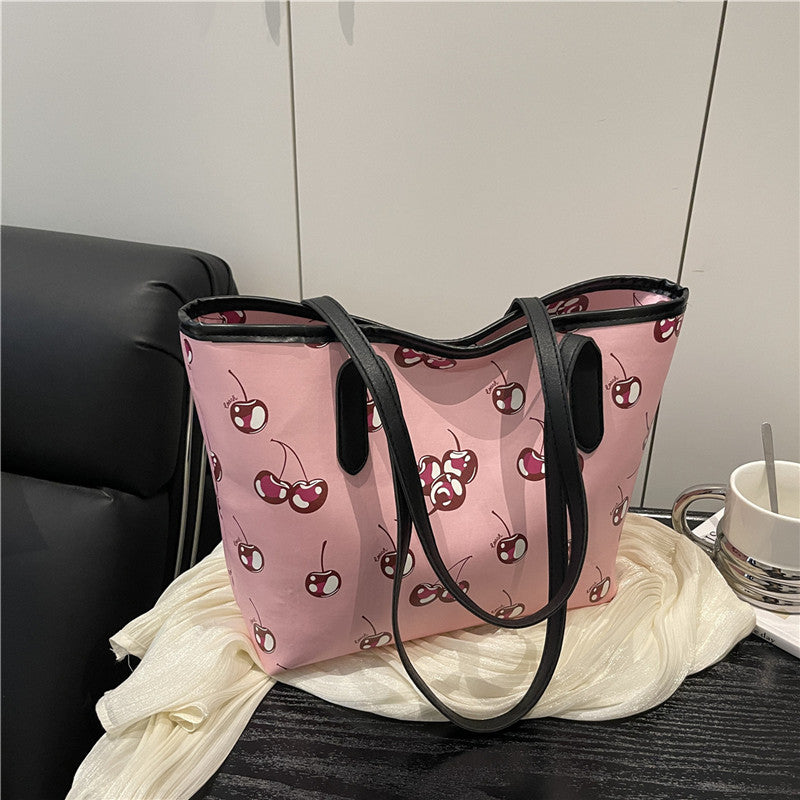 Cherry Printed Tote Women's Fashion Large Capacity Shoulder Bag New Simple Handbag
