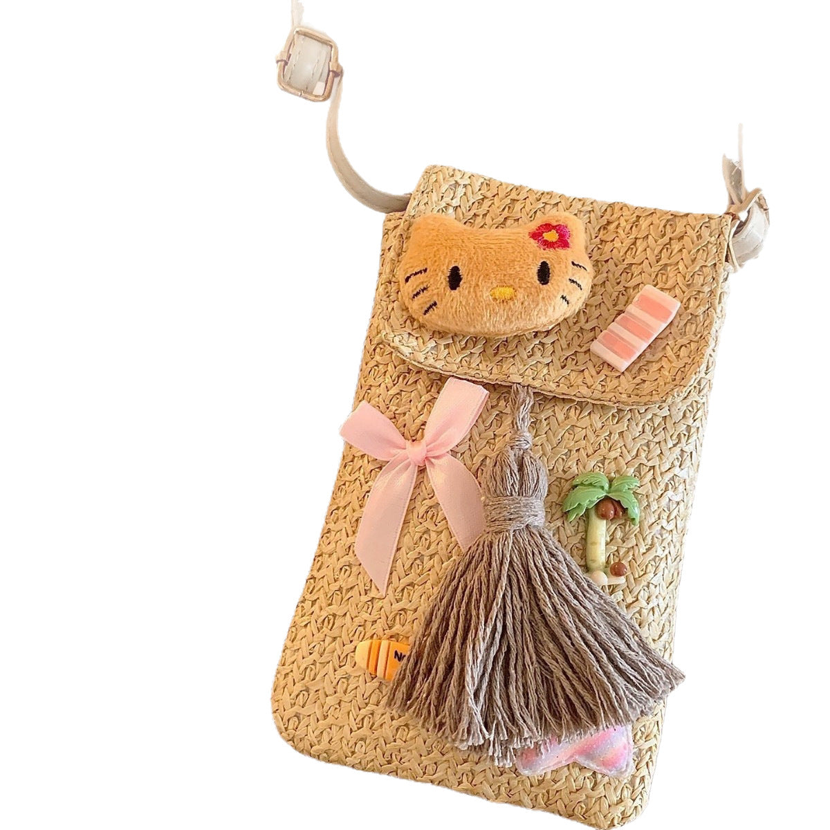 Handmade Crochet Hello Kitty Crossbody Bag for Women, Cute Cartoon Summer Beach Style Phone Pouch with Braided Strap