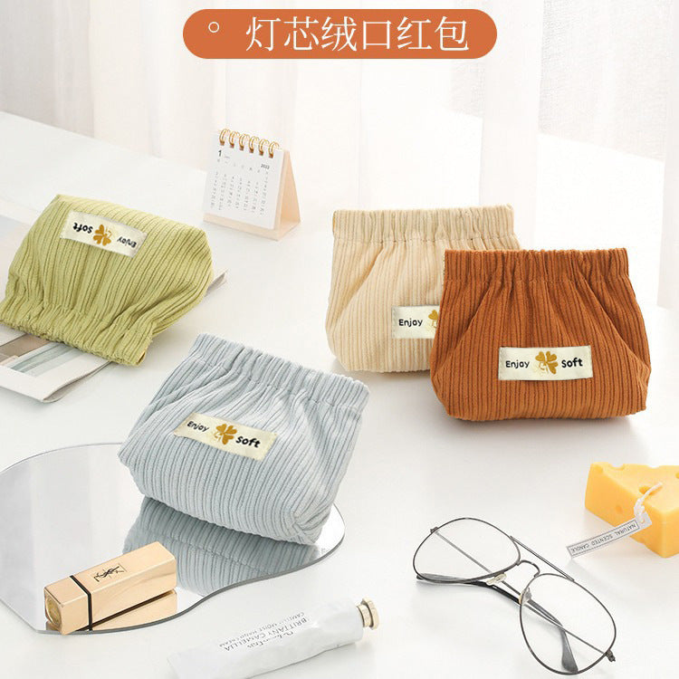 Portable Ribbed Cotton Cosmetic Bag with Elastic Opening for Travel and Daily Use