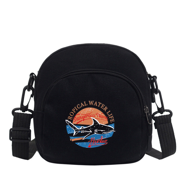 Korean Style Casual Crossbody Bag for Women with Shark Print, Soft Canvas Mini Square Bag with Zipper Closure, Perfect for Students and Daily Use
