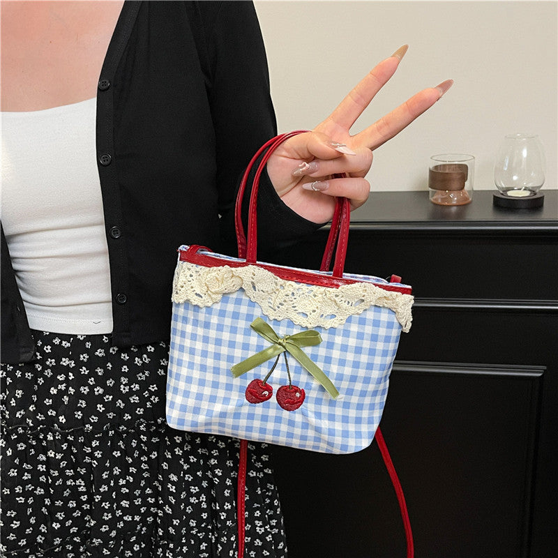 Plaid Tote Women's Summer New Fresh Cherry Hand Carrying Polka Dot Bow Cute Crossbody Bag