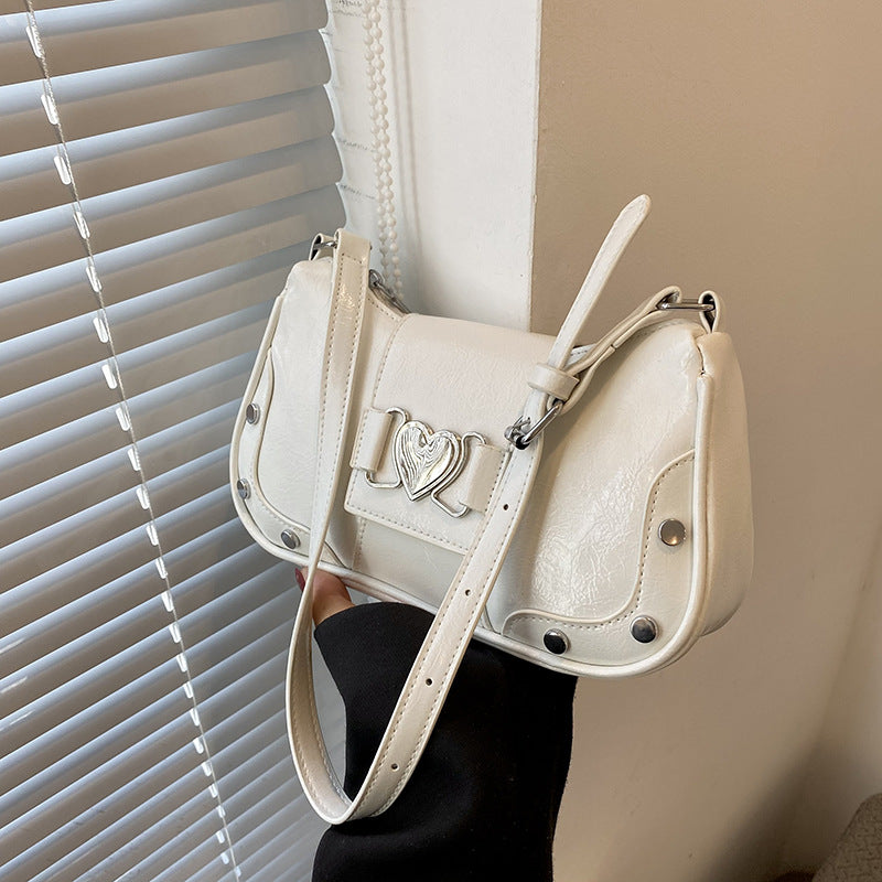 Chic Minimalist Shoulder Bag with Heart Buckle Design for Women, Trendy Crossbody Bag with Rivet Details