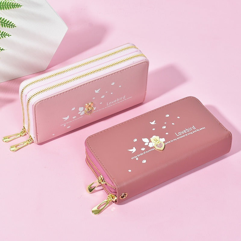 Cute Lovebird PU Wallet with Rhinestone Heart, Double Zipper, Wrist Strap & Card Slots for Women