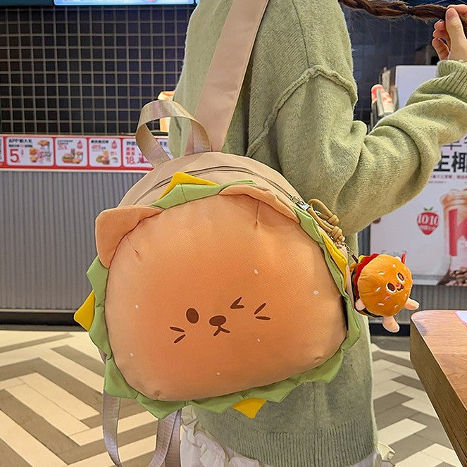 Cute Burger Cat Backpack for Kids and Teens - Stylish Dual Shoulder Bag with Soft Plush Design and Comfortable Back Support
