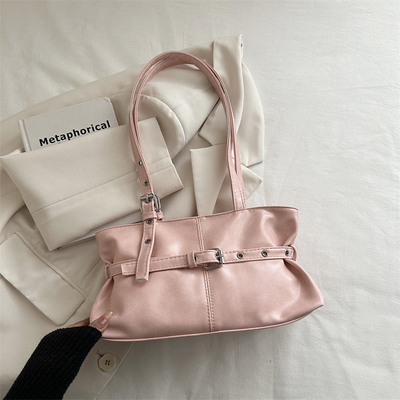 Retro Chic Women's Large Capacity Tote Bag with Belt Buckle Design for Daily Commute and Casual Style