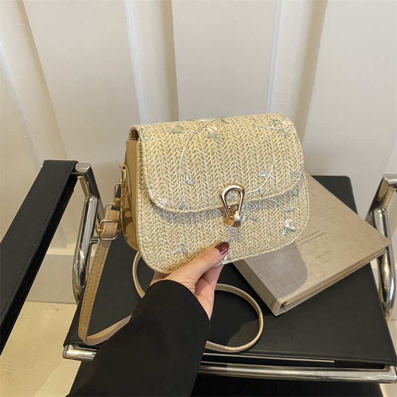 Woven Fashion Korean Lock Latch Shoulder Messenger Bag Spring New All-Match Small Square Bag Straw