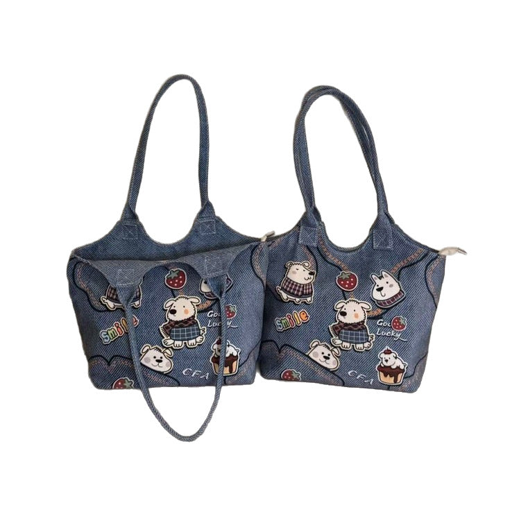 Cute Cartoon Dog Print Tote Bag with Magnetic Closure and Stylish Patches for Casual Travel
