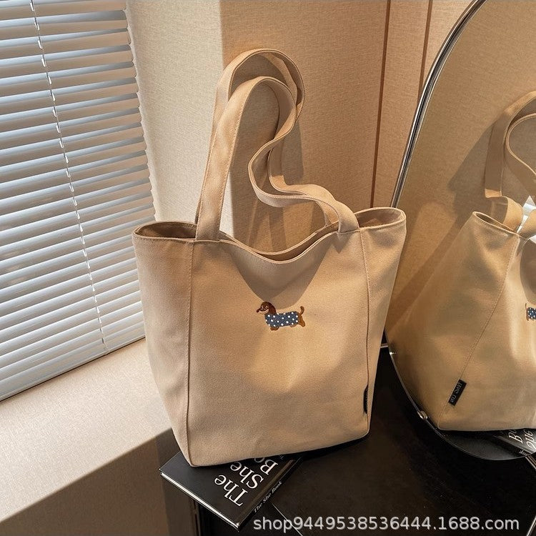 Stylish Canvas Tote Bag with Embroidered Dachshund Design, Large Capacity for Daily Commute and School Use