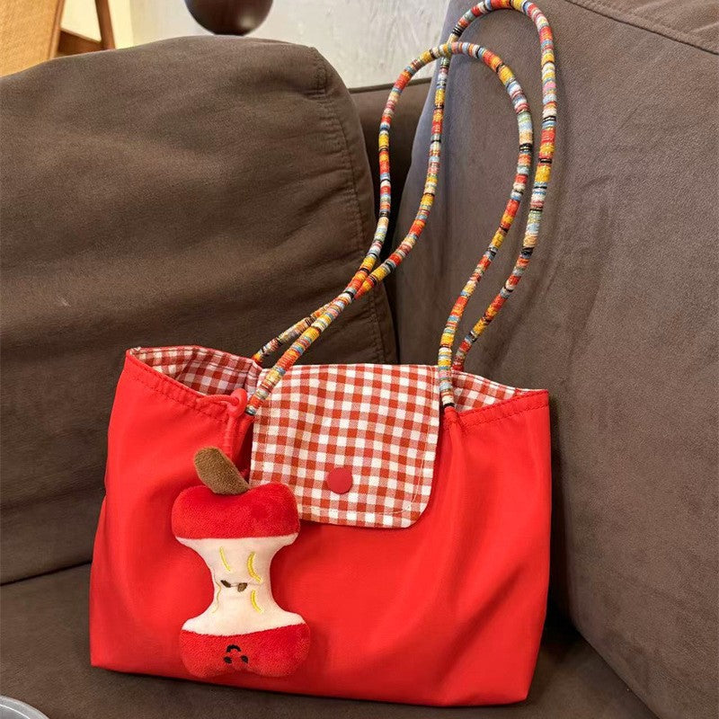 New Korean Style Large Capacity Red Shoulder Portable Checked Canvas Bag Versatile Student Commute Leisure Tote Bag for Women