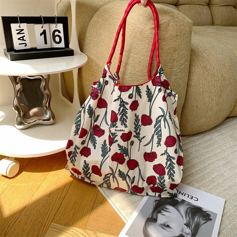 Korean Style Summer Large Capacity Hand Shoulder Bag Drawstring Shopping Bag Fresh Floral Tote Bag Underarm Bag