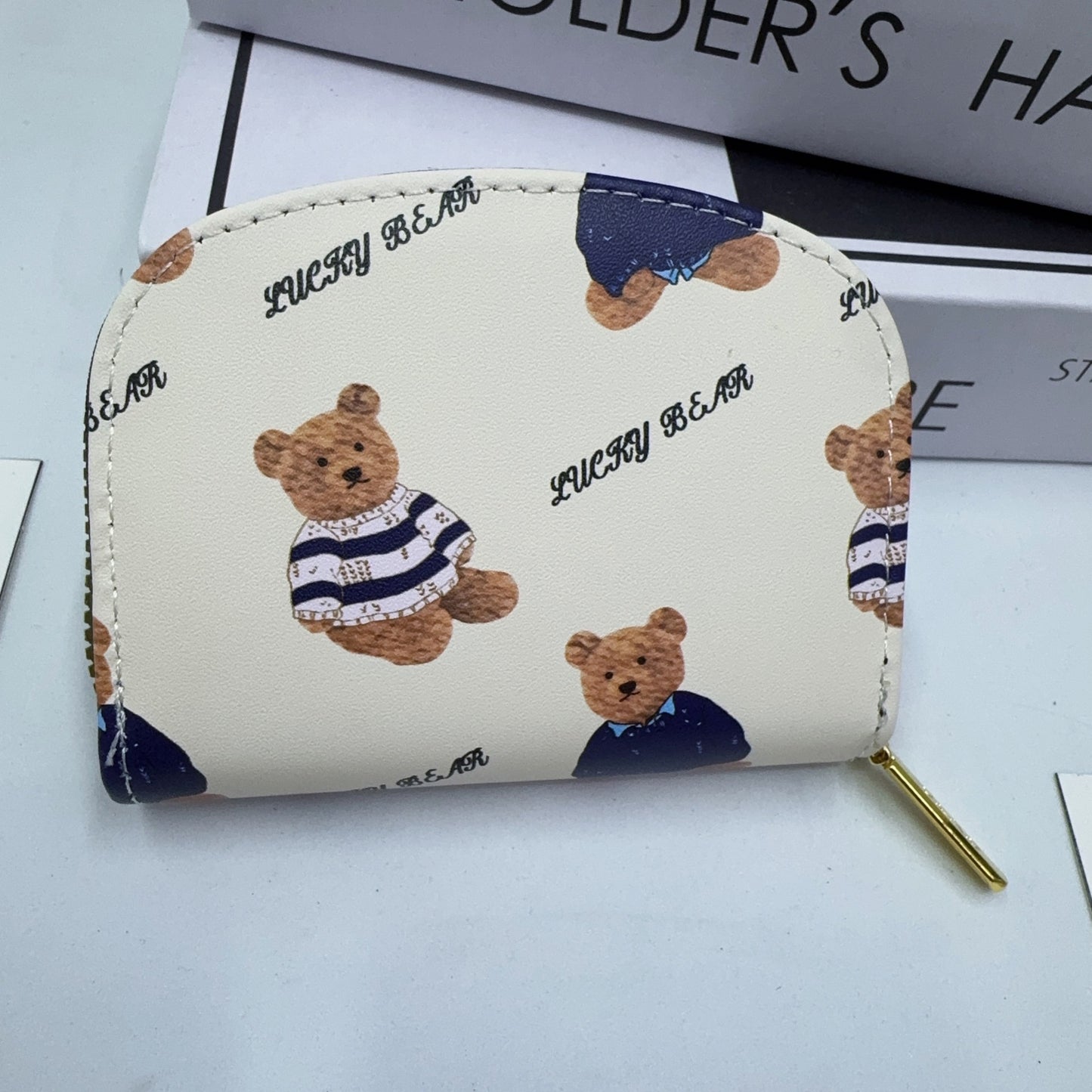 Cute Bear Pattern PU Card Holder for Women and Students, Anti-Magnetic Multi-Card Wallet with Zipper Closure
