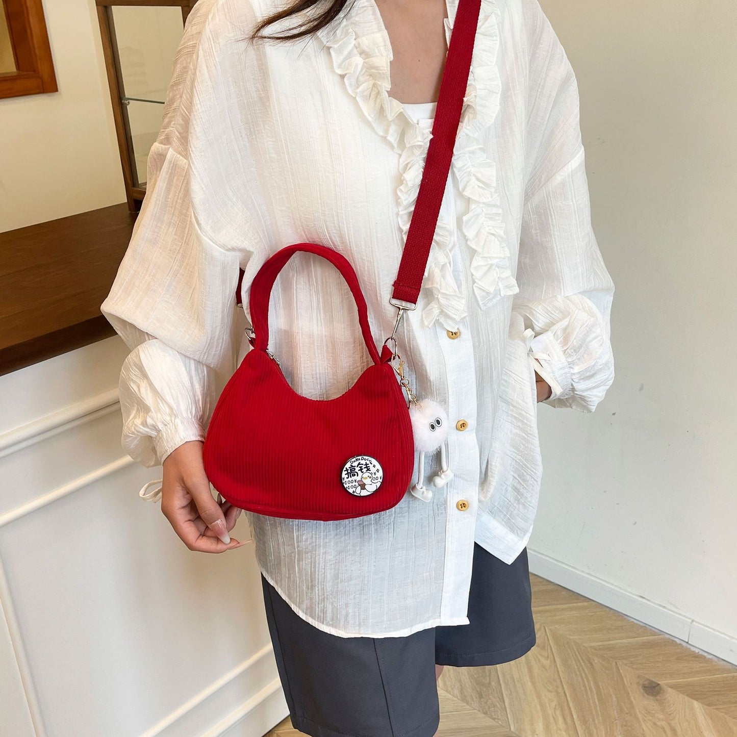 Simple Handbag Women's Cute Solid Color New Corduroy Crossbody Shoulder Commuter Fashion Bag