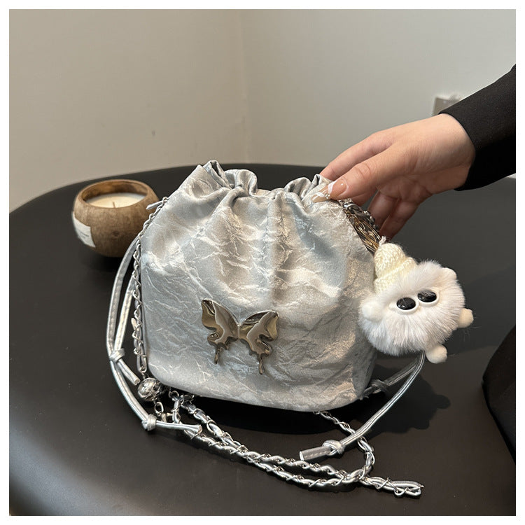 Fashionable Drawstring Bucket Bag with Chain Strap and Cute Pom-Pom Charm for Women
