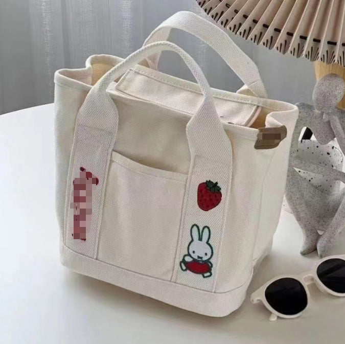 Cute Miffy Rabbit Canvas Lunch Bag with Fruit Prints, Perfect for Students and Travel