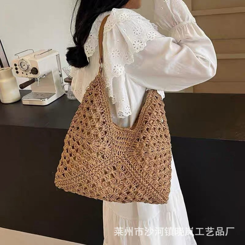 Charming Crochet Straw Tote Bag for Women, Casual Boho Style Shoulder Bag with Open Top and Interior Card Pocket