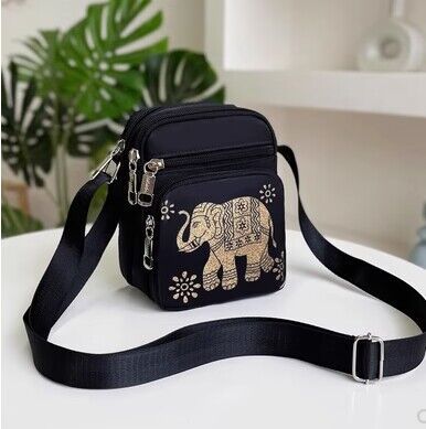 Mini Crossbody Bag with Elephant Print for Women, Lightweight Nylon Phone Pouch with Multiple Pockets and Adjustable Strap