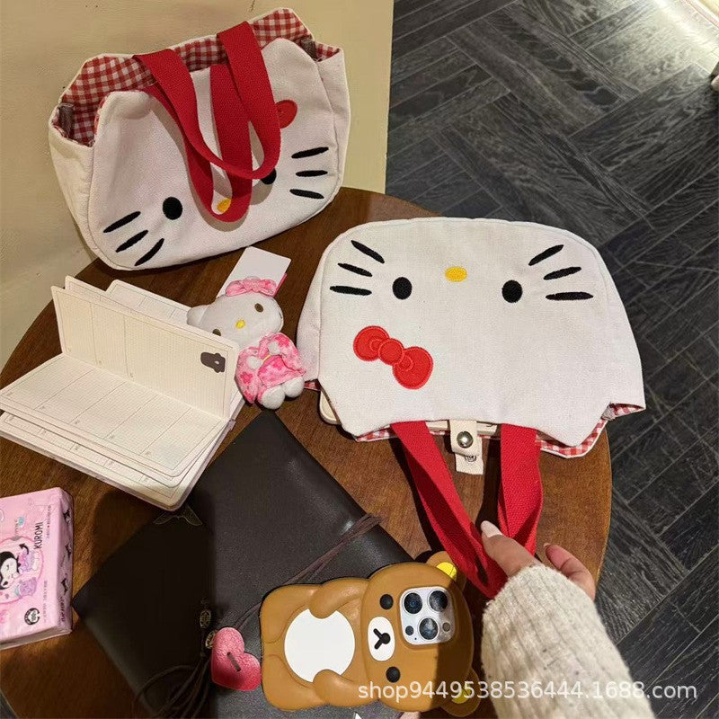 New Cute Kitty Cat Cartoon Canvas Bag Cute Girl Heart Student Book Large Capacity Shoulder Bag
