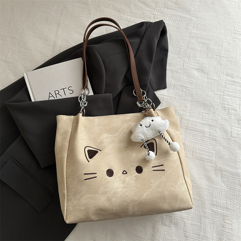 Cute Cat Print Tote Bag with Cloud Charm 2026 Spring New Korean Style Large Capacity Simple Shoulder Bag for Daily Use