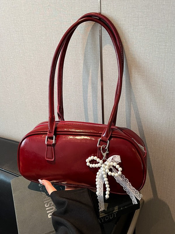Elegant Pearl Lace Decorated PU Tote Bag with Large Capacity and Zipper Closure for Daily Use