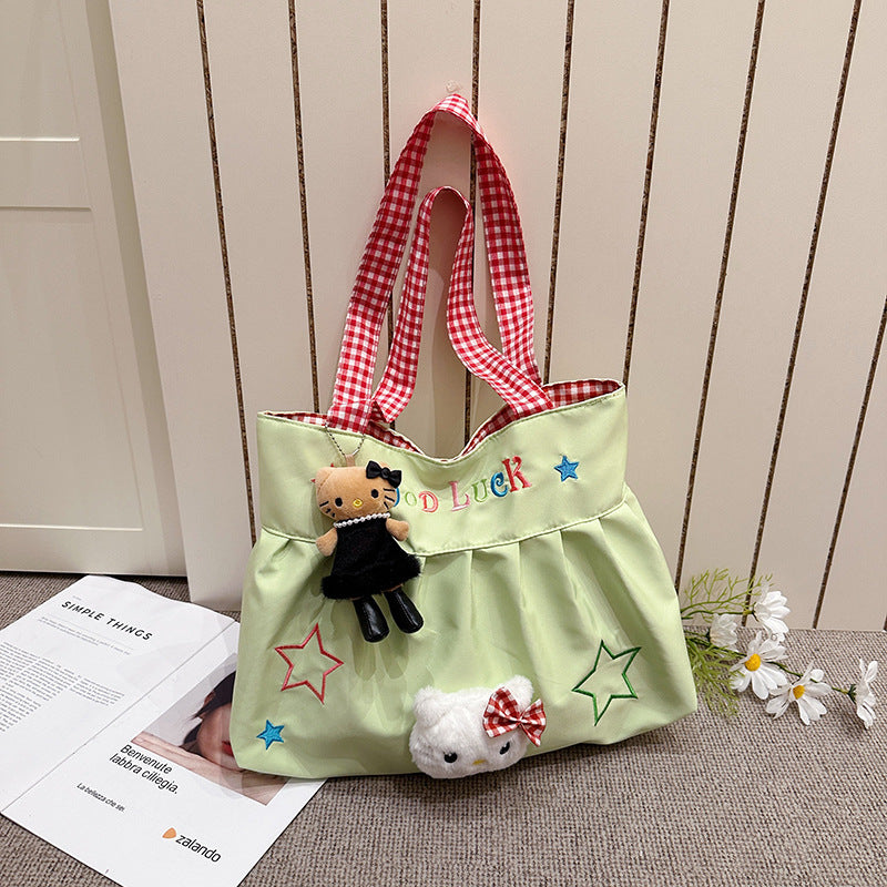 Cute Korean Style Versatile Kitty Pleated Handbag Women's New Large Capacity Commuter out Shoulder Bag