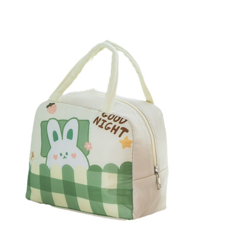 Cute Rabbit Design Insulated Lunch Bag with Good Night Print, Perfect for Office and Outdoor Use