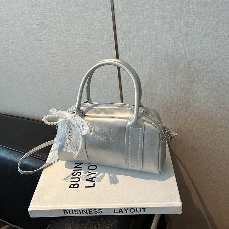 Chic Pearl Bow Boston Bag Women's Fashion Handbag with Lace Detailing for Everyday Style